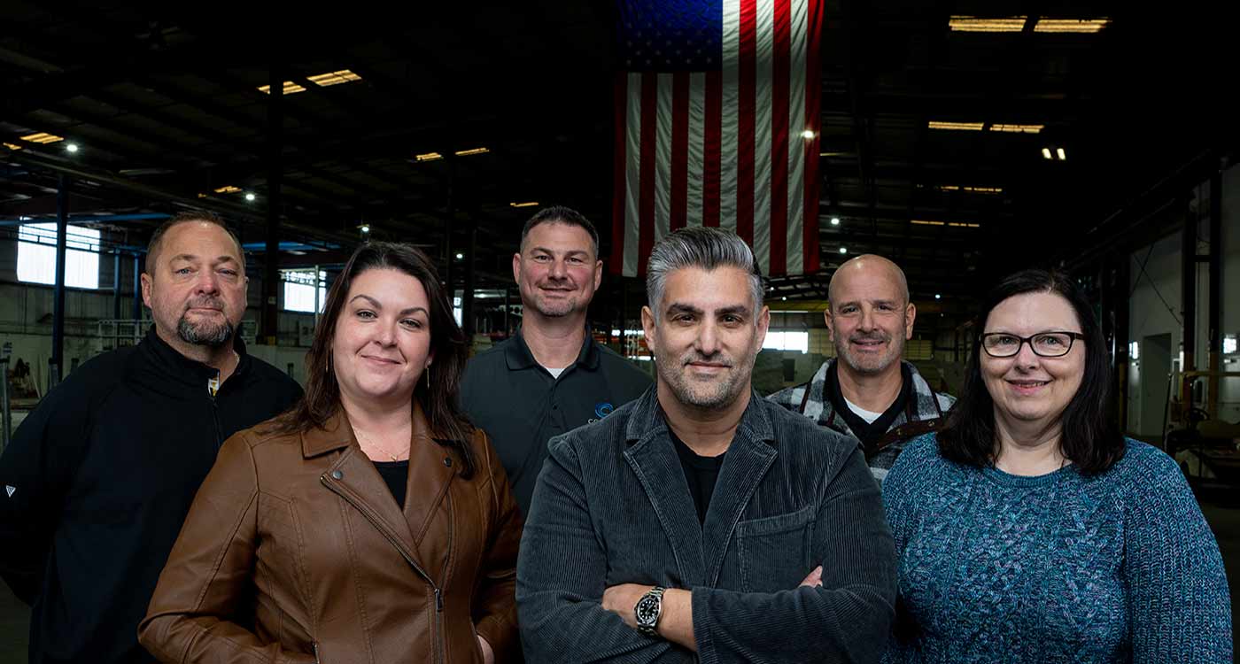 2023 Fabricator of the Year. Leadership Group: (from left to right) Kyler Woodland, Joseph Nicholas, Sarah Nicholas, Glenn Kross, Jeff Campbell and Cindy Williamson