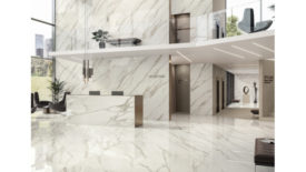 Lobby tiled with marble look porcelain tile