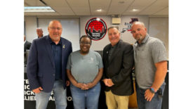  Left-to-right: Tim Penmen, marble organizer for Local Union 21; Camra Saunders, marble finisher at GI Stone; Mike Volpentesta, president of Local Union 21; and Brian Tatar, GI Stone field director.